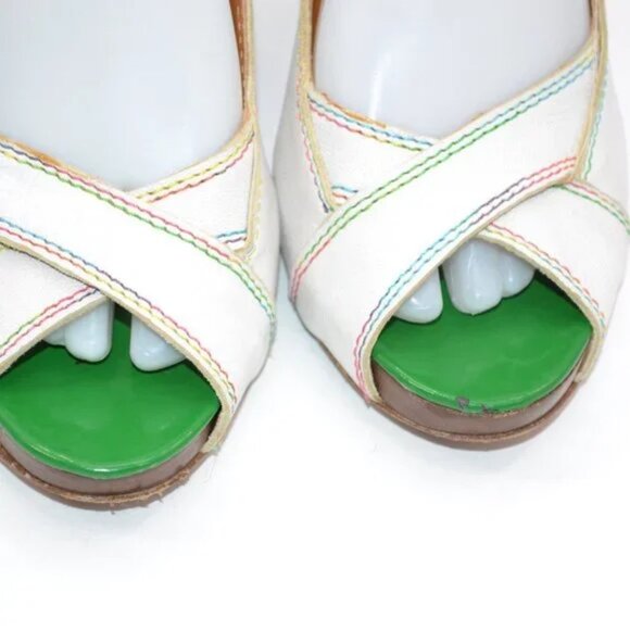 Vintage Miss Sixty White Green Chunky Peep Toe Slingback Leather Heels 39 8.5 9 - Picture 6 of 16
